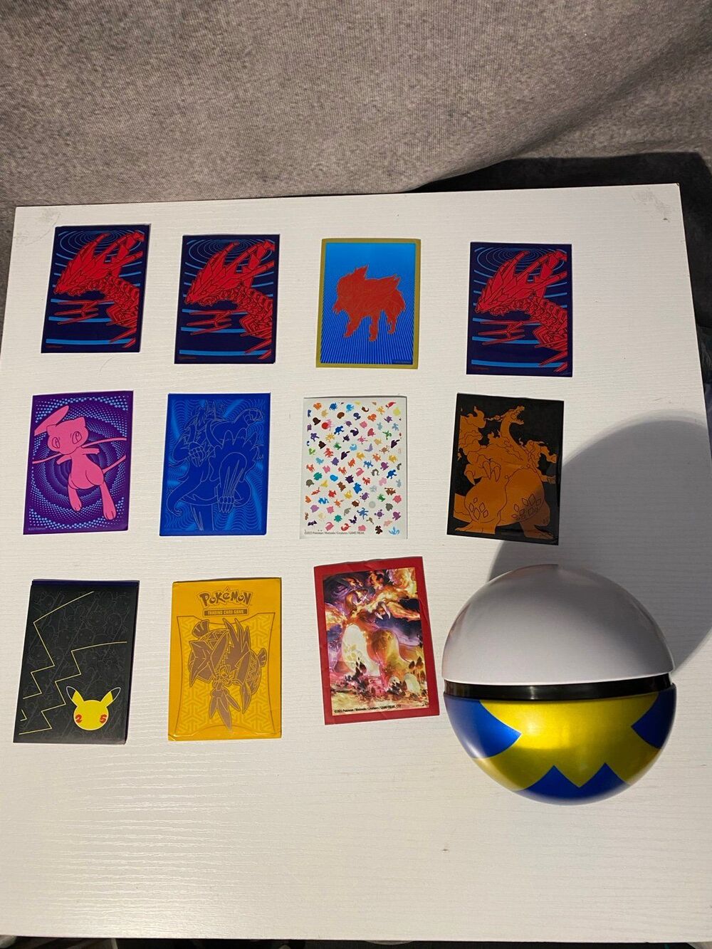 Pokemon Empty Quick Ball Tin Blue Gold with 11 Mixed Trading Card Sleeves Lot